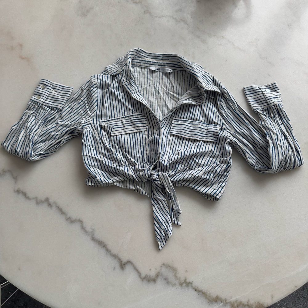Zara Monochrome Striped Tie-Front Blouse